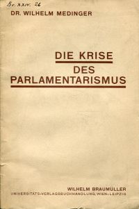 Medinger, Die internationale Diskussion über die Krise des Parlamentarismus. (Umschlag)